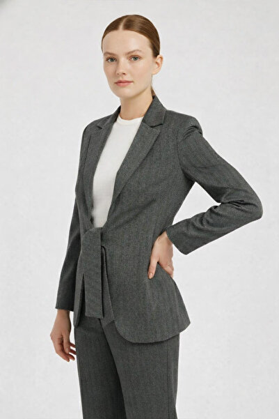 Triko Mısırlı Dark Gray Women's Jacket with Tie Detail on the Front