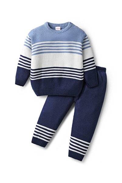 Babyhug Knit Full Sleeves Sweater Set With Stripes - Navy Blue
