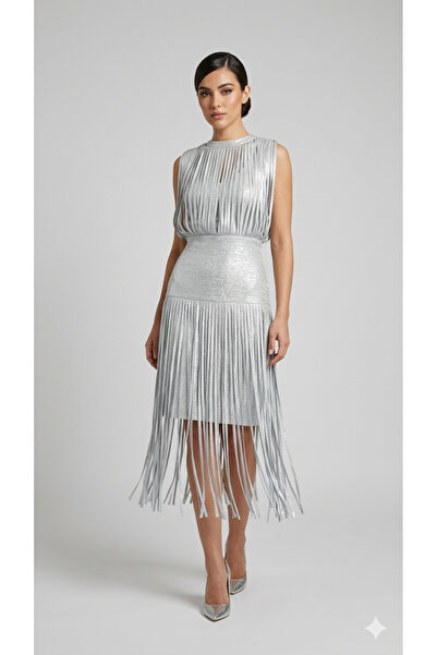 ALATHEER FASHION Silver Glitter Stretch Evening Dress