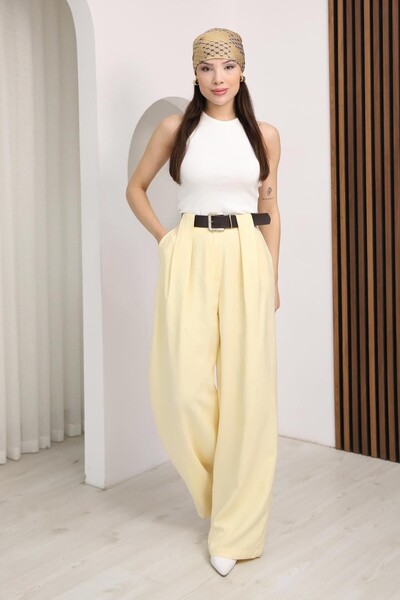FAMODA Light Yellow High Waist Double Pleated Belted Palazzo Trousers