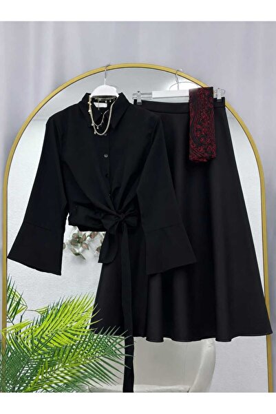 MODA VEDAT Дамска риза с връзки - Комплект с пола с буфанти -0490 (ШАЛЪТ НЕ Е...