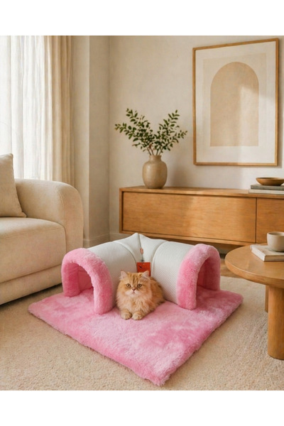 LAVİSTA Peluş Kedi Tüneli Yatak Pembe Beyaz, Kedi Oyun Alanı, Uyku Evi, Tünel...