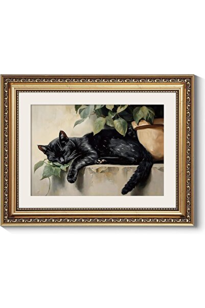ALAYRA International Premium Sleeping Black Cat Canvas Wall Art Gold Frame 50...