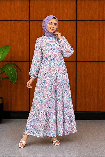 SADEL Çiçek Desenli Yarım Düğmeli Oversize Elbise - Pudra