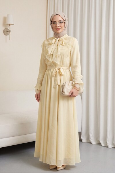 Modamorfo Waist Belted Elasticized Half Buttoned Tie-Neck Ruffle Lined Cupra ...