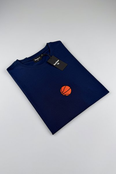 RunGear Up Minimal Basketball Embroidered Men's T-Shirt 100% Cotton Regular Fit Navy Blue Sports T-Shirt - Standard Cut Short Sleeve Cotton Crew Neck Navy Blue Basketball Player T-Shirt - Basic T-Shirt