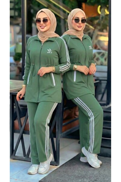lamaro Kadın Gri Spor Eşofman Takımı - Belden Büzgülü, Şerit Detaylı Rahat İk...