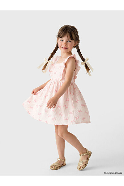 LC Waikiki Nevavm Square Collar Striped Bow Printed Girls' Dress with Difference