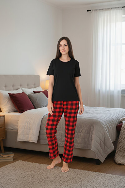 Intisimo Women's Pajamas, Cotton, Short Sleeve, Black/Red - XL