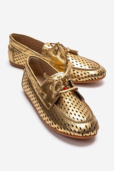 LuviShoes Γυναικεία Loafer Παπούτσια STEVO Gold από Γνήσιο Δέρμα με Διάτρητα ...
