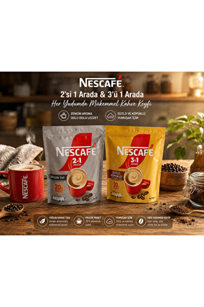Nescafe 2'si 1 Arada ve 3'ü 1 Arada Ekonomik Paket Seti (20'li Paket)