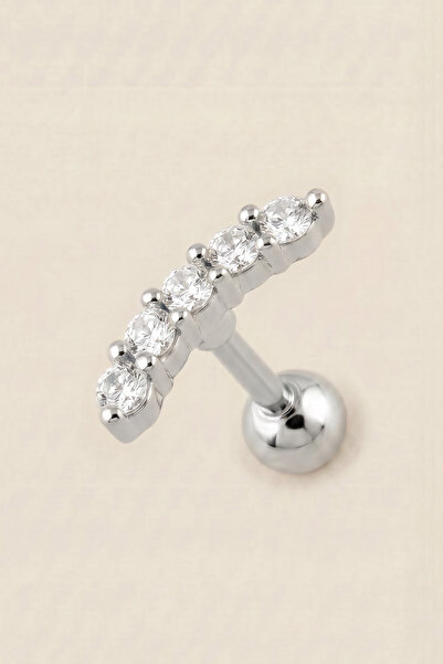 Hetra Gümüş Renkli Cerrahi Çelik Zirkon Taşlı Kavisli Tragus Piercing – Helix...