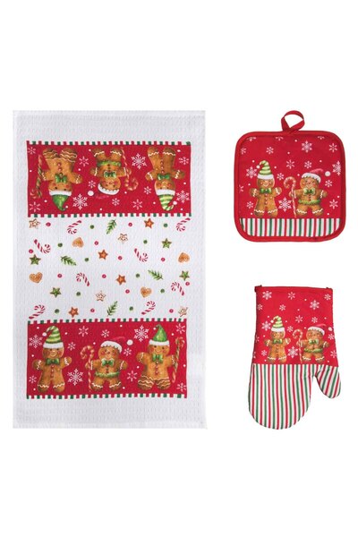 Zumzeria Christmas Kitchen Mitt Set Red White with Gingerbread Man Design - 3...
