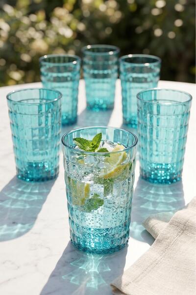 EWs Acrylic Allegra Aquamarin 6-Piece Short Glass & Water Soft Drink Coffee C...