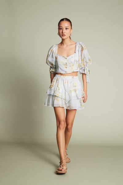 Nisan Flower-Patterned Ruffled Skirt Blue