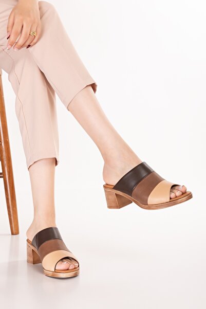 Gondol Women's Genuine Leather Heeled Daily Slippers Iz.16115 Brown