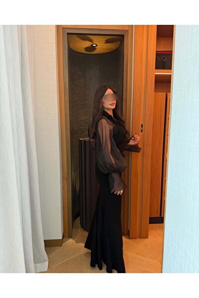 REVE Black Long Dress with Sheer Puff Sleeves Elegant Mermaid Silhouette