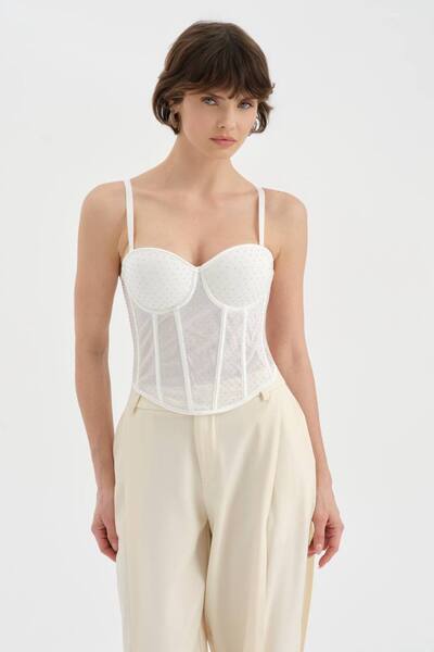 tw3 Women's Tulle Detailed Design Crop Corset with Adhesive Stones
