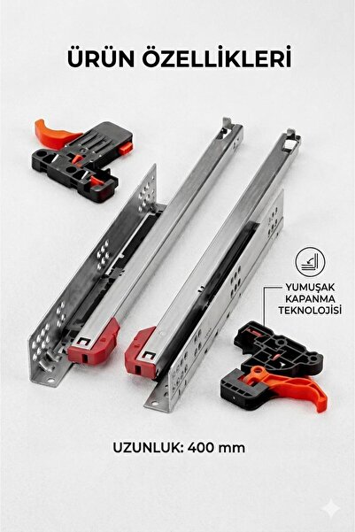 SAMET 400 mm Mandallı Çekmece Rayı Takımı - Frenli Sessiz Kapanma Gizli Ray S...