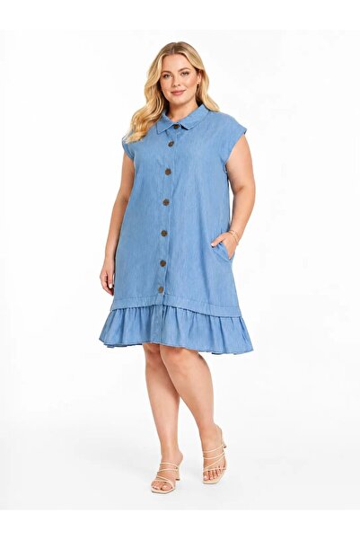 hazelin Women's Blue Plus Size Skirt Hem Ruffle Tencel Fabric Buttoned Dress ...