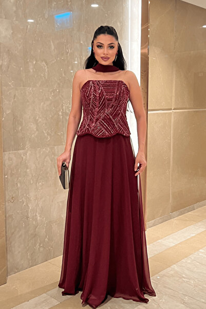 giyimmasalı Beaded Top and Chiffon Bottom Strapless Dress - Bordo