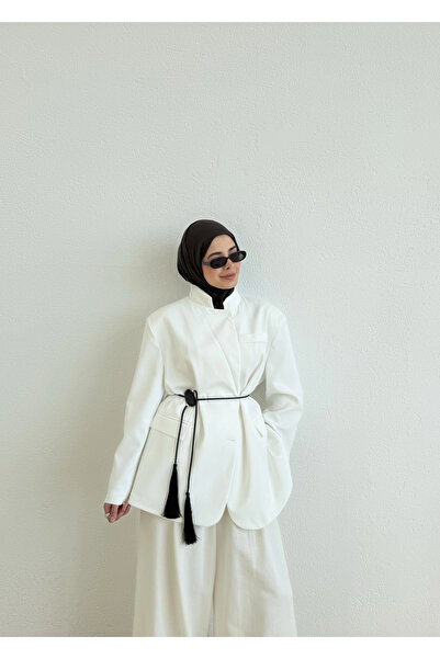 MODA AKSA 7437 Oversize Premium Astarlı Blazer__ BEYAZ