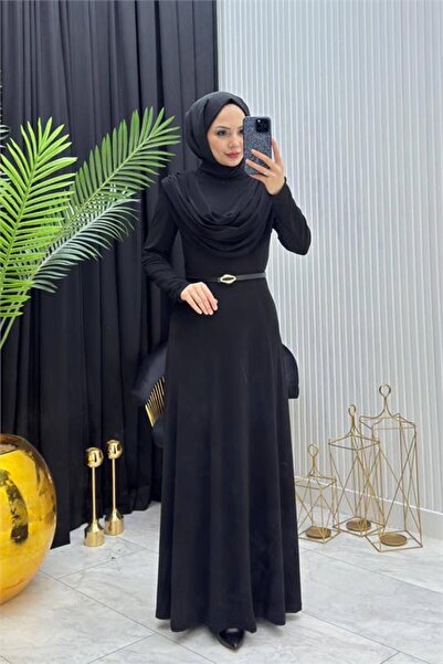 Neşeli Butik Women's Black Sandy Fabric Draped Collar Belt Detailed Hijab Dre...
