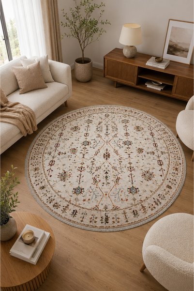 HALISHOP Ege 1924 Round Non-Slip Base Machine Washable Digital Printed Chenille Woven Rug