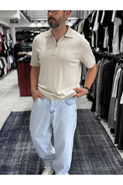BYBASICMAN Tricou tricotat bej cu jumătate de fermoar TW-3352