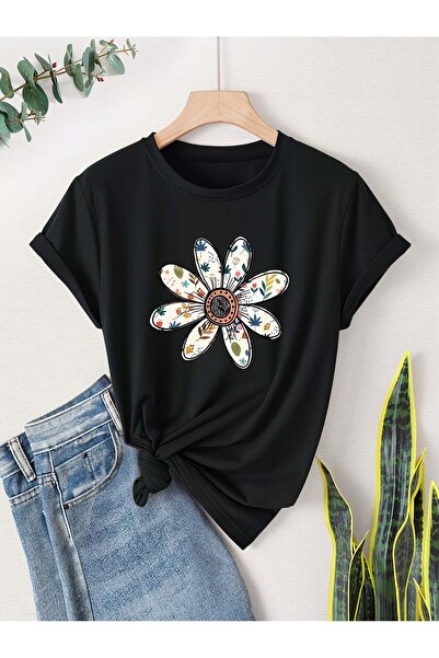 Trend Sizde Tricou unisex negru cu imprimeu vintage-floral, cu gâtul tip crew...