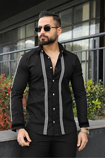 BAYIM Erkek Slim-Fit İtalyan Yaka Dikey Şerit Detaylı Premium Lüks Gömlek