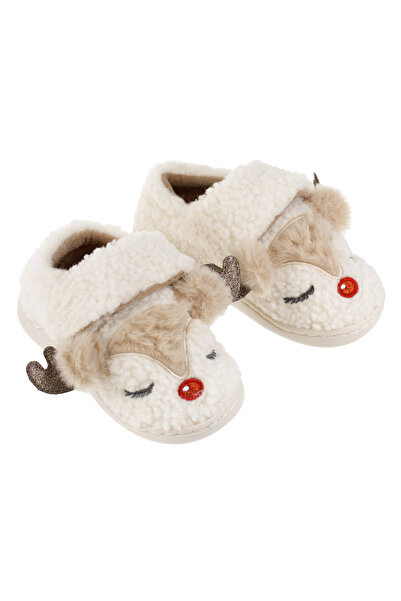 Zumzeria Beige Christmas Slippers with 3D Reindeer Ears for Kids