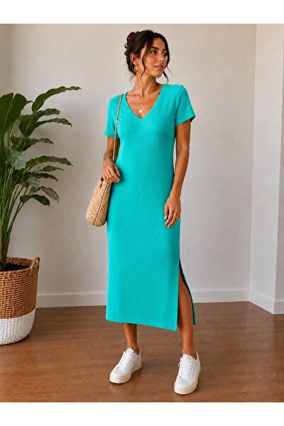 MAMAYAGA Women's V-Neck Short Sleeve Midi Length Ribbed Slit Summer Camisole ...