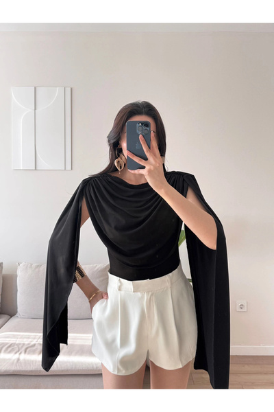 Zoom Butik Drapeli Pelerin Bodysuit - SİYAH