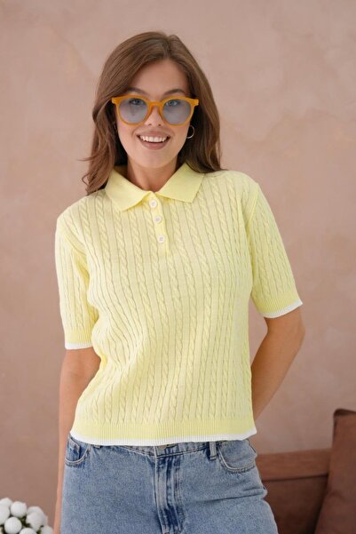 Arbucky Women's Polo Neck Hair Braided Knitwear Blouse