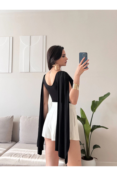 Zoom Butik Drapeli Pelerin Bodysuit - SİYAH