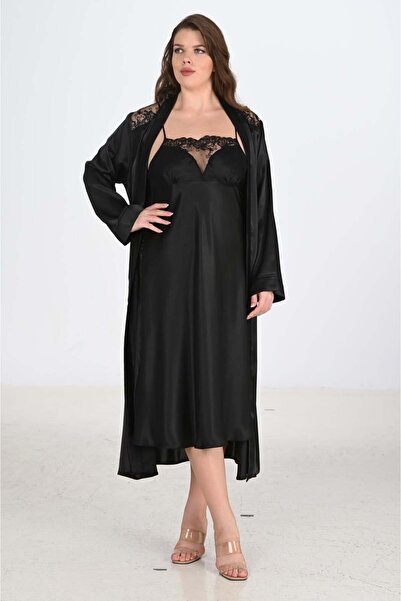 AHU Women's Plus Size Satin 2-Piece Black Long Nightgown and Robe Set