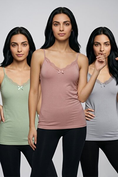 fevien 3-Pack Women's Cotton V-Neck Lace Detailed Thin Rope Strap Undershirt ...
