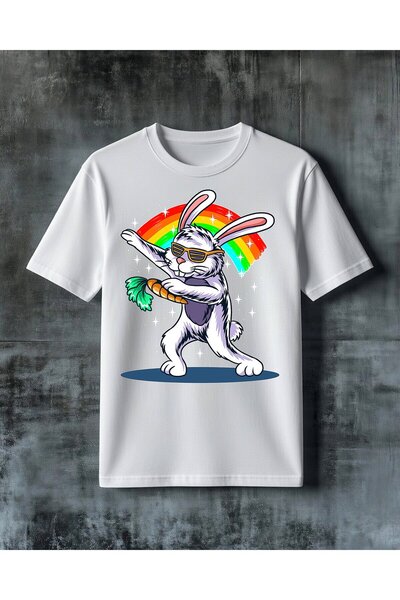 COMVİCHO Tavsan Gozluk Gokkusagi Printed Oversize T-Shirt