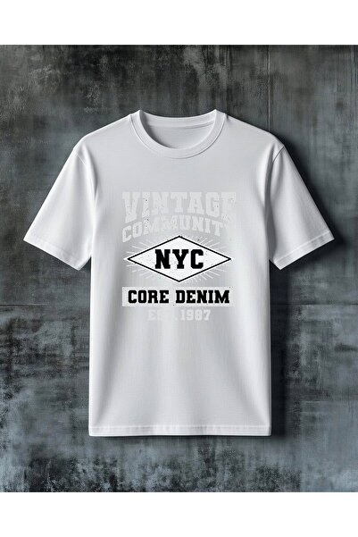 COMVİCHO تي شيرت كبير الحجم مطبوع عليه شعار Vintage Community NYC من الدنيم