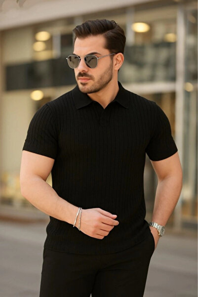 Butik Men's Short Sleeve Collared Line Patterned Knitwear Blouse