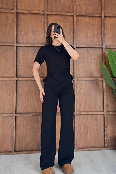 MİROR Women's Black Drawstring Detailed T-Shirt and Pants Set