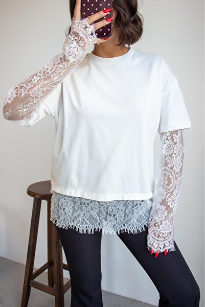 CrepTekstil Crep Women's Oversize T-Shirt with Lace on the Sleeves and Hem Ecru