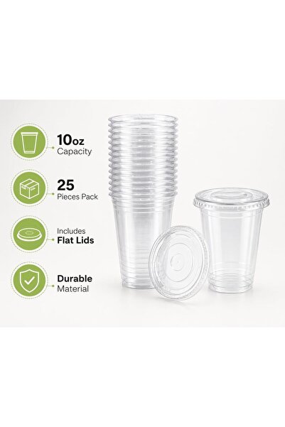 Sunny Your Bright choice Sunny Transparent Drink Cups with Straw-Slot Flat Lids, 10oz (300ml), Pack of 25, Clear Plastic Cups