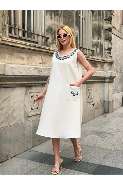 hazelin Women's Cream Plus Size Navy Blue Embroidered Linen Dress Hzl26S-Vl12981