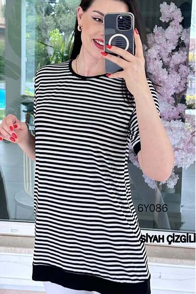 İnce Topuk Crew Neck Striped Viscose Blouse 6Y086
