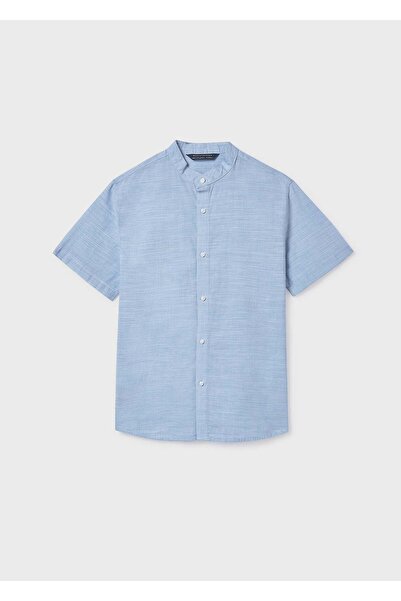 MAYORAL Boy's Hakim Collar Linen Shirt Blue