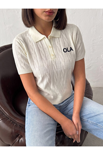 OLA بلوزة نسائية منسوجة ذات ياقة بولو وأزرار وأكمام قصيرة