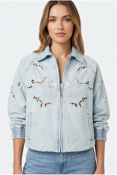 LOKADI Women's White Embroidered Zipper Bomber Jean Jacket - Denim Jacket wit...