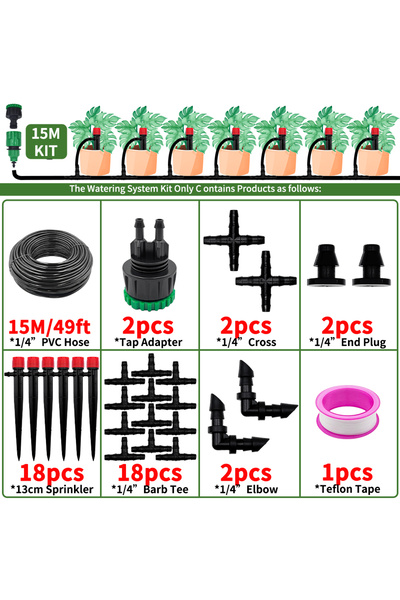 Choice1 15M Garden Drip Irrigation Automatic Watering System Kit 1/4'' 13CM S...